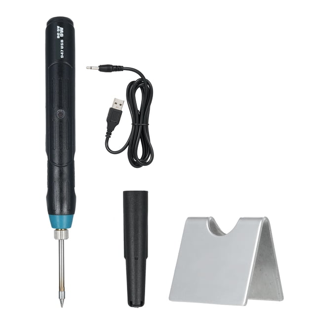 Lepmerk Compact 5V 9W USB Soldering Iron Kit - Smart Mini Portable Tool for DIY Projects, Includes Soldering Iron, Stand with Sponge, Protective Cap, and USB Power Cable, No Solder Wire, Black