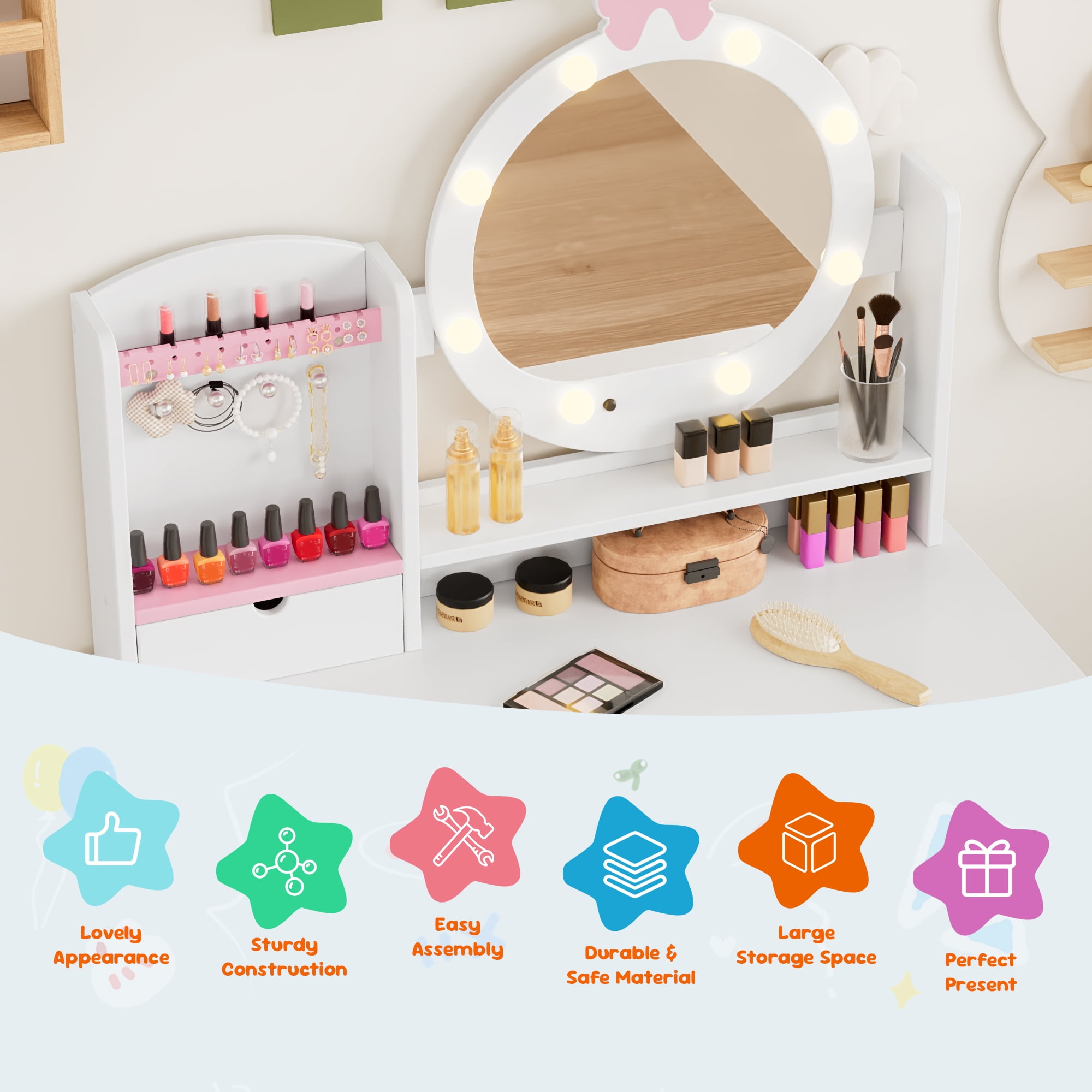 Reasea Kids Vanity Table, Girls Vanity Set, Princess Makeup Vanity Desk & Chair Set, White