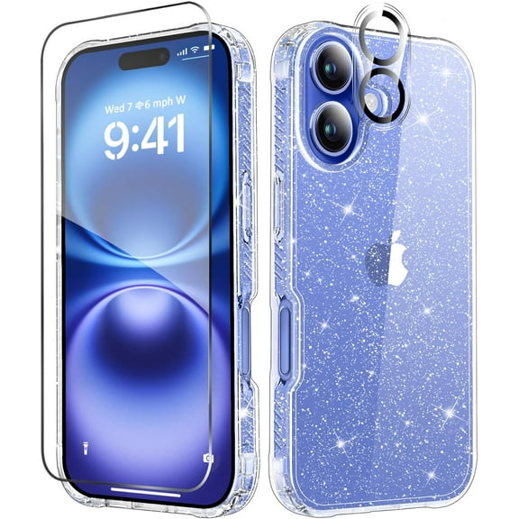3-in-1 Entronix Bundle with Clear Glitter Case, 1 Clear Camera Lens Protector and 1 Tempered Glass Screen Protector For iPhone 16, Soft Bumper [Yellow Resistant] Sparkly Cover