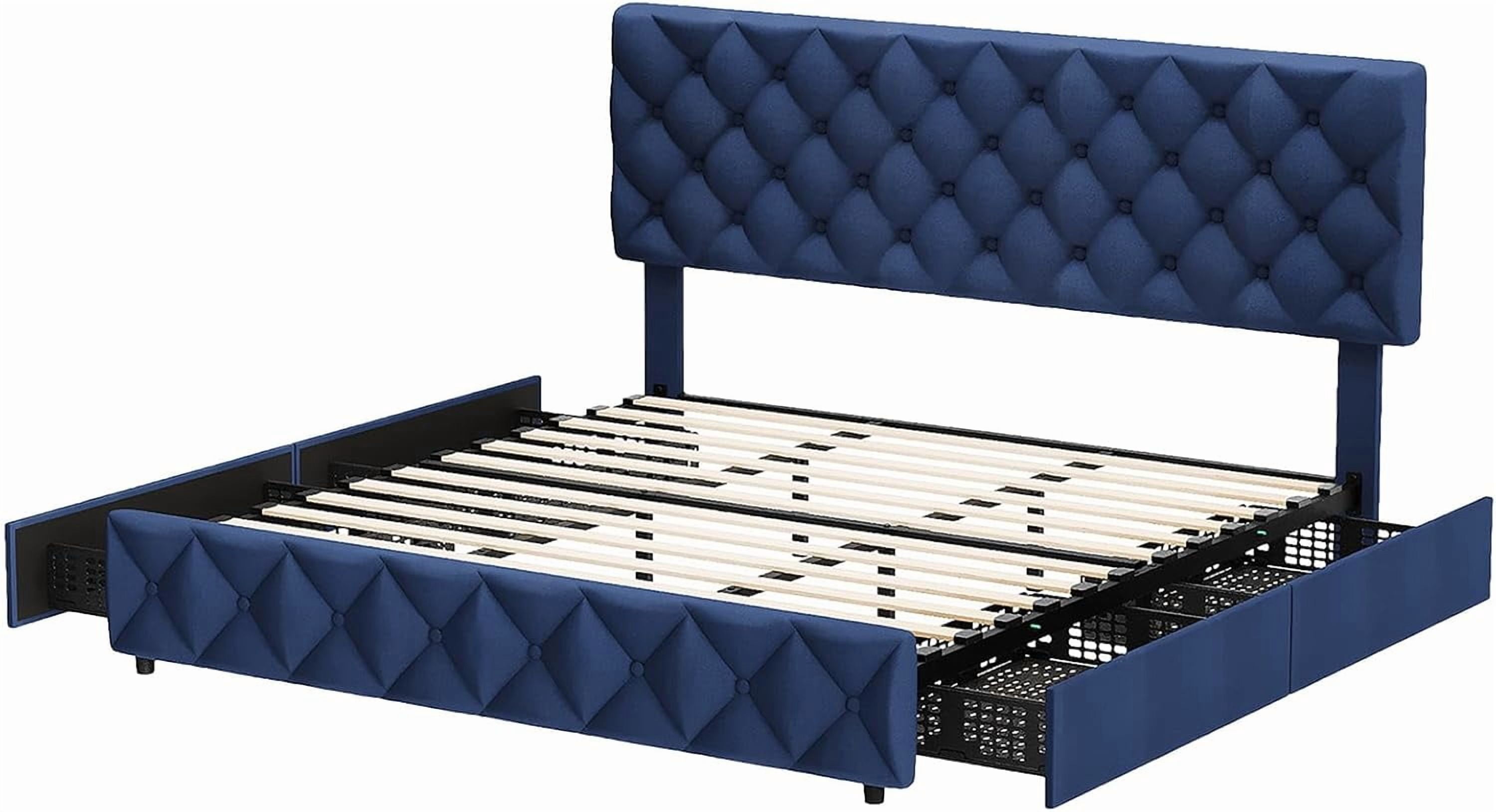 Eastvita King Size Bed Frame with 4 Storage Drawers & Adjustable Headboard, Blue