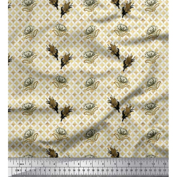Soimoi Cotton Poplin Fabric Curve Diamond,Leaves & Floral Artistic Printed Fabric 1 Yard 56 Inch Wide