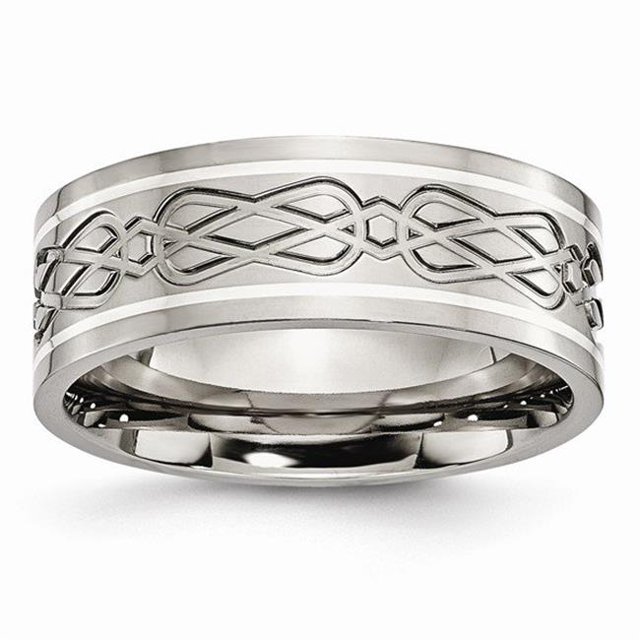 8 mm Titanium & Sterling Silver Inlay Celtic Knot Flat Polished Band - Size 14