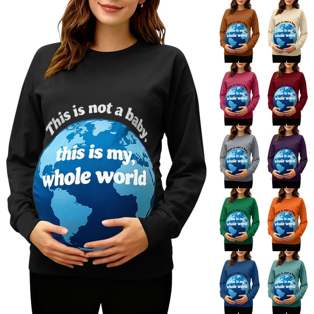 RKSTN Funny Maternity Sweatshirt for Women Plus Size Crewneck Pregnancy Graphic Print Sweatshirt Womens Casual Oversized Round Neck This is Not a Baby, This is My Whole World Print Sweatshirt