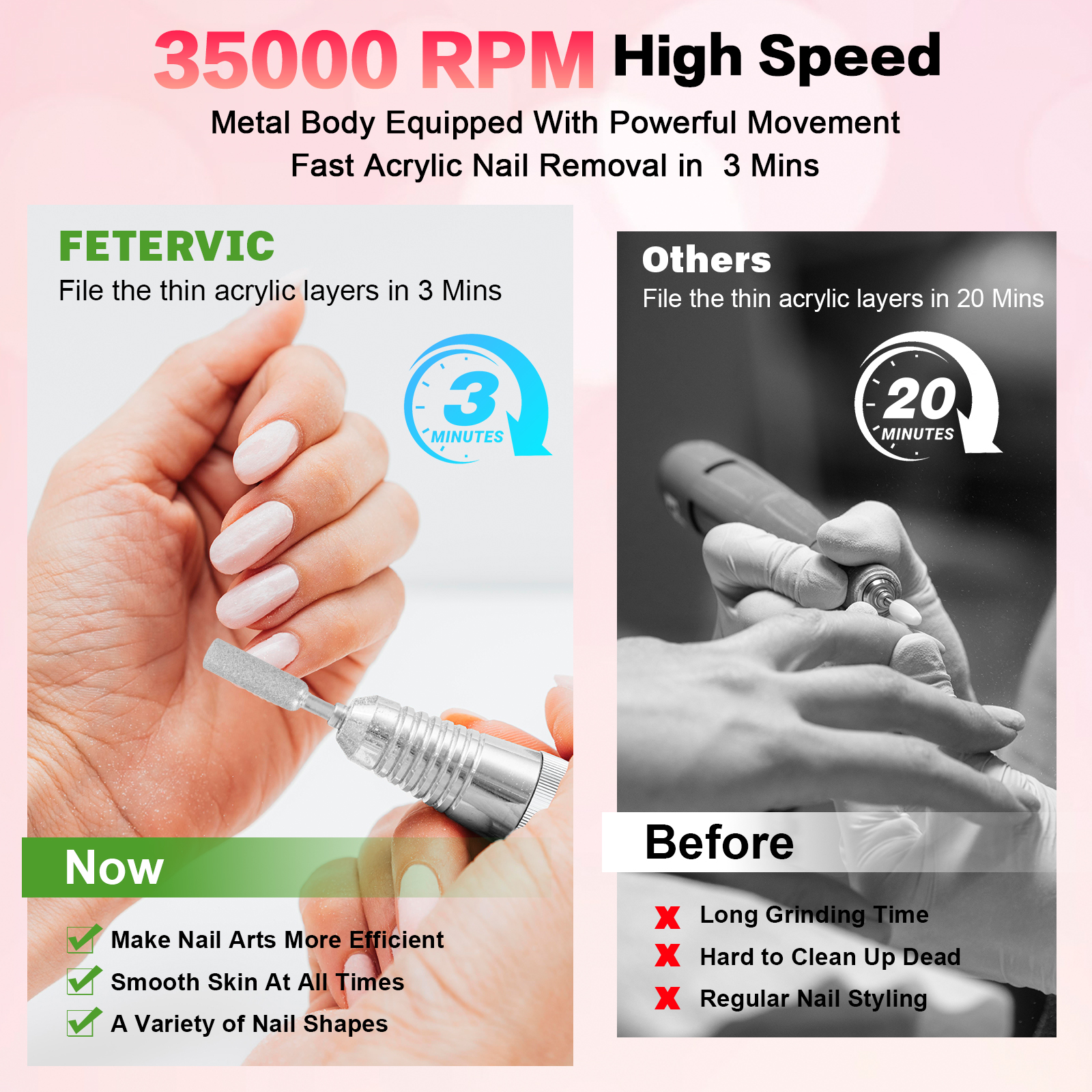 FETERVIC Electric Nail Drill Machine, 35000RPM Nail File Kit for Acrylic Gel Nails Polish Rechargeable Portable Manicure Pedicure Kit for Women Manicure Salon, Green