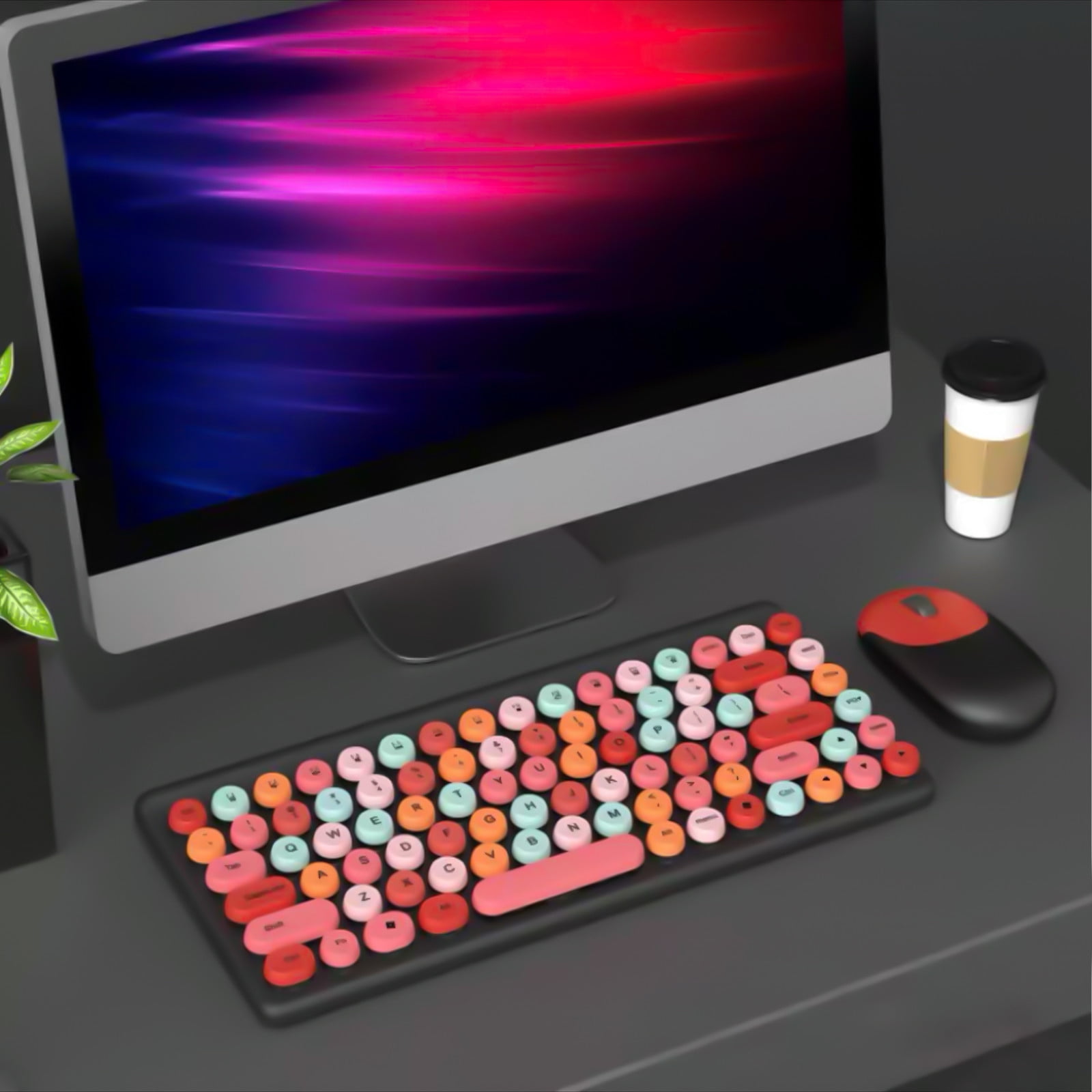 Wireless Keyboard and Mouse Combo, Retro Punk Round Keycap, for Windows/iOS/Linux PC Tablets