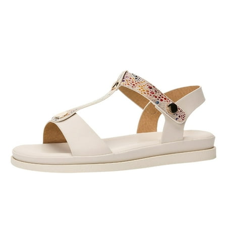 

KaLI_store Wedge Sandals for Women Women Sandals Summer Sandals Flat Shoes Comfortable Strap Wedding Party Sandal Beige
