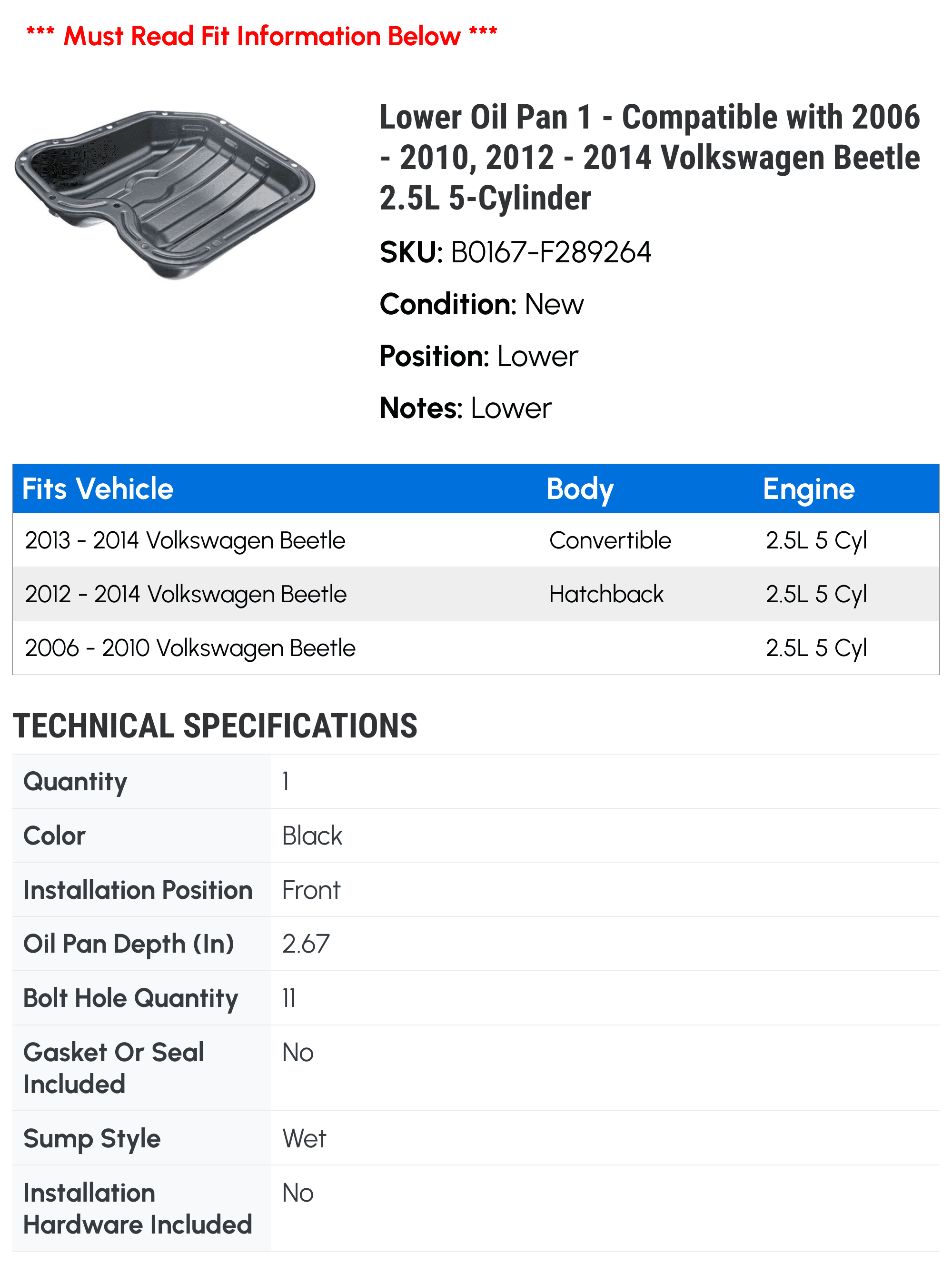 Lower Oil Pan 1 - Compatible with 2006 - 2010, 2012 - 2014 Volkswagen Beetle 2.5L 5-Cylinder - Autopart Premium