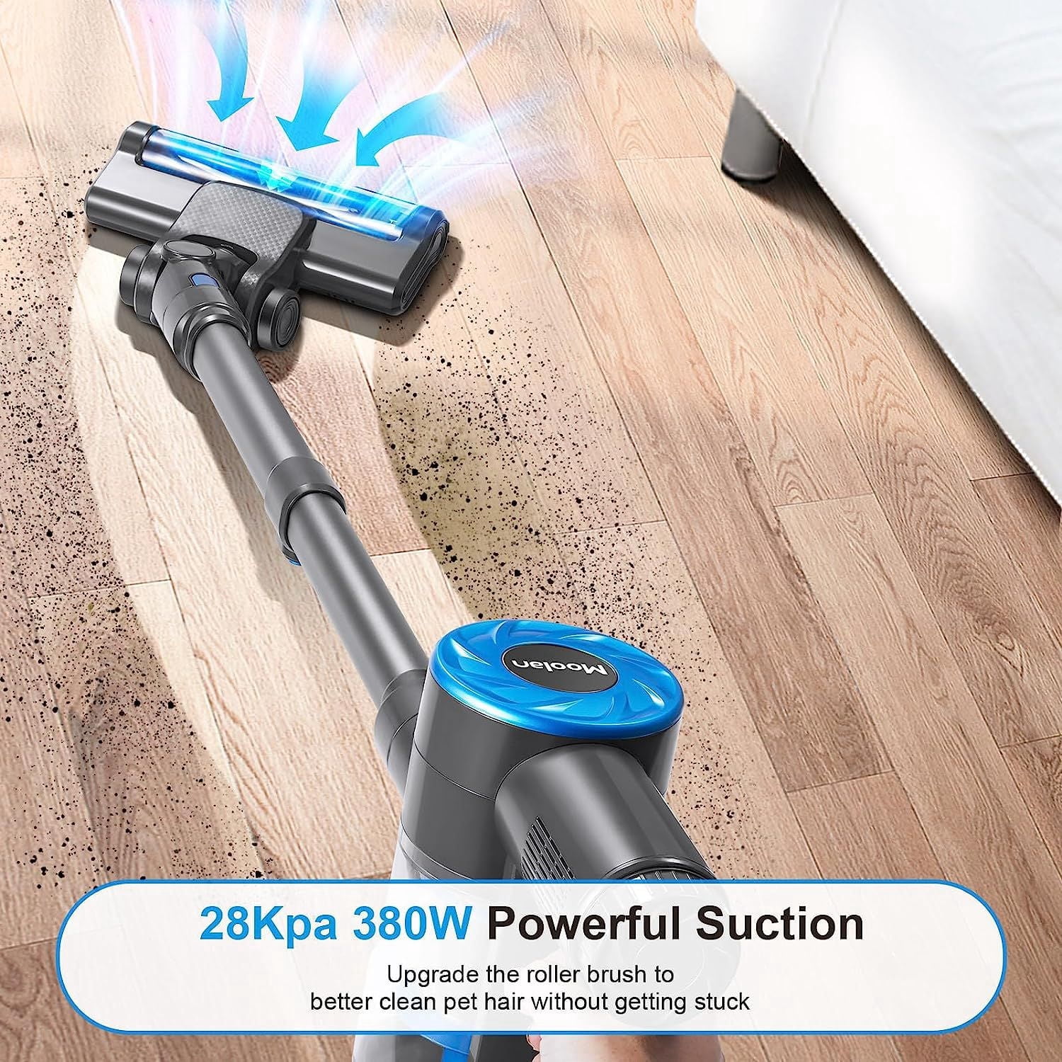 Moolan Cordless Vacuum Cleaner, 380W 28Kpa 50 Mins Vacuum Cleaners for Home, 6 in 1 Stick Cordless Vacuum with LED, Wall Dock, Anti-Tangle Rechargeable Vacuum for Pet Hair Carpet Hardwood Floor