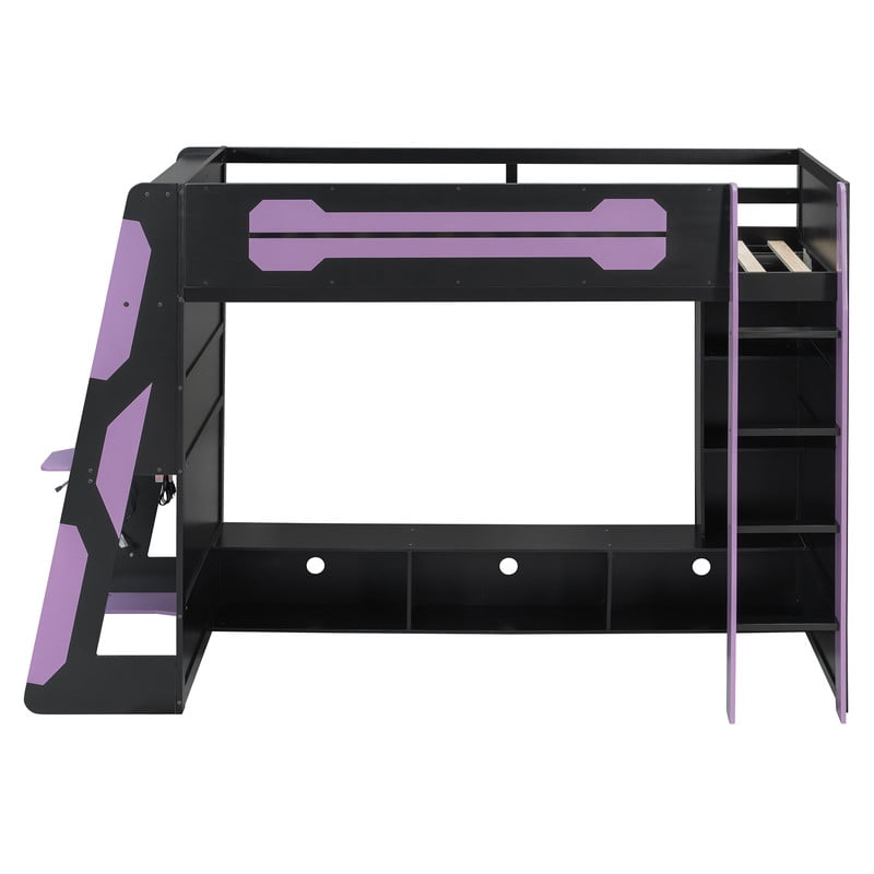 Twin Size Gaming Loft Bed with Desk and RGB LED Light, Wooden Loft Bed Frame with Workstation and Storage Shelves for Bedroom, Dorm Room