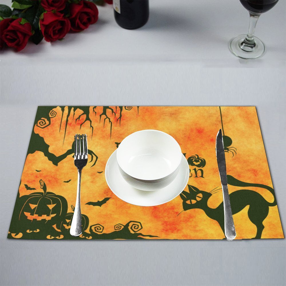Fantasy Staring 13 x 70 Inch Table Runner with Placemats Set of 4 Frightening Night Gloomy Pumpkin Halloween Theme Table Runner Set Cotton Linen Table Mats for Dining Table Kitchen Decoration