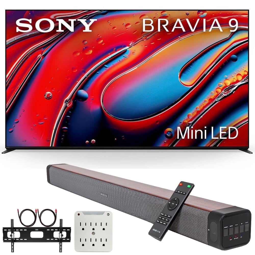 Sony BRAVIA 9 K75XR90 75" 4K HDR Smart QLED Mini-LED TV (2024) Bundle with Premium Deco Gear 60W 2.0 CH Soundbar + Deco Mount 37"-100" TV Wall Mount Bracket with Cleaning Kit + 6-Outlet Surge Adapter
