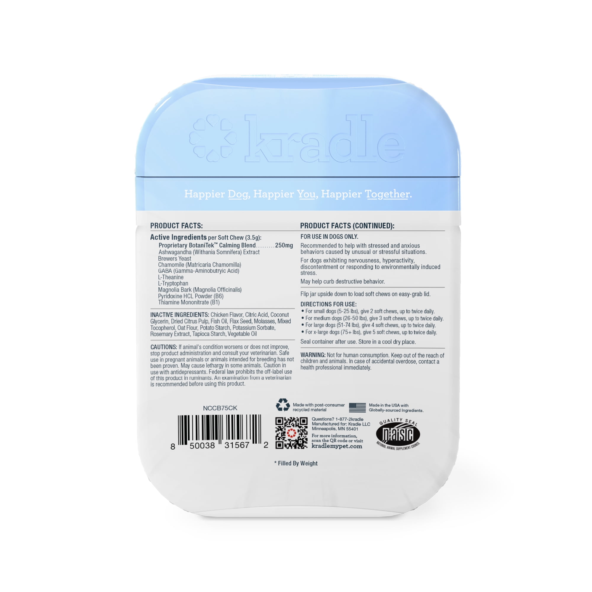 Kradle Calming Daily Soft Chews for Stress & Anxiety in Dogs, Chicken Flavor, 75 Count