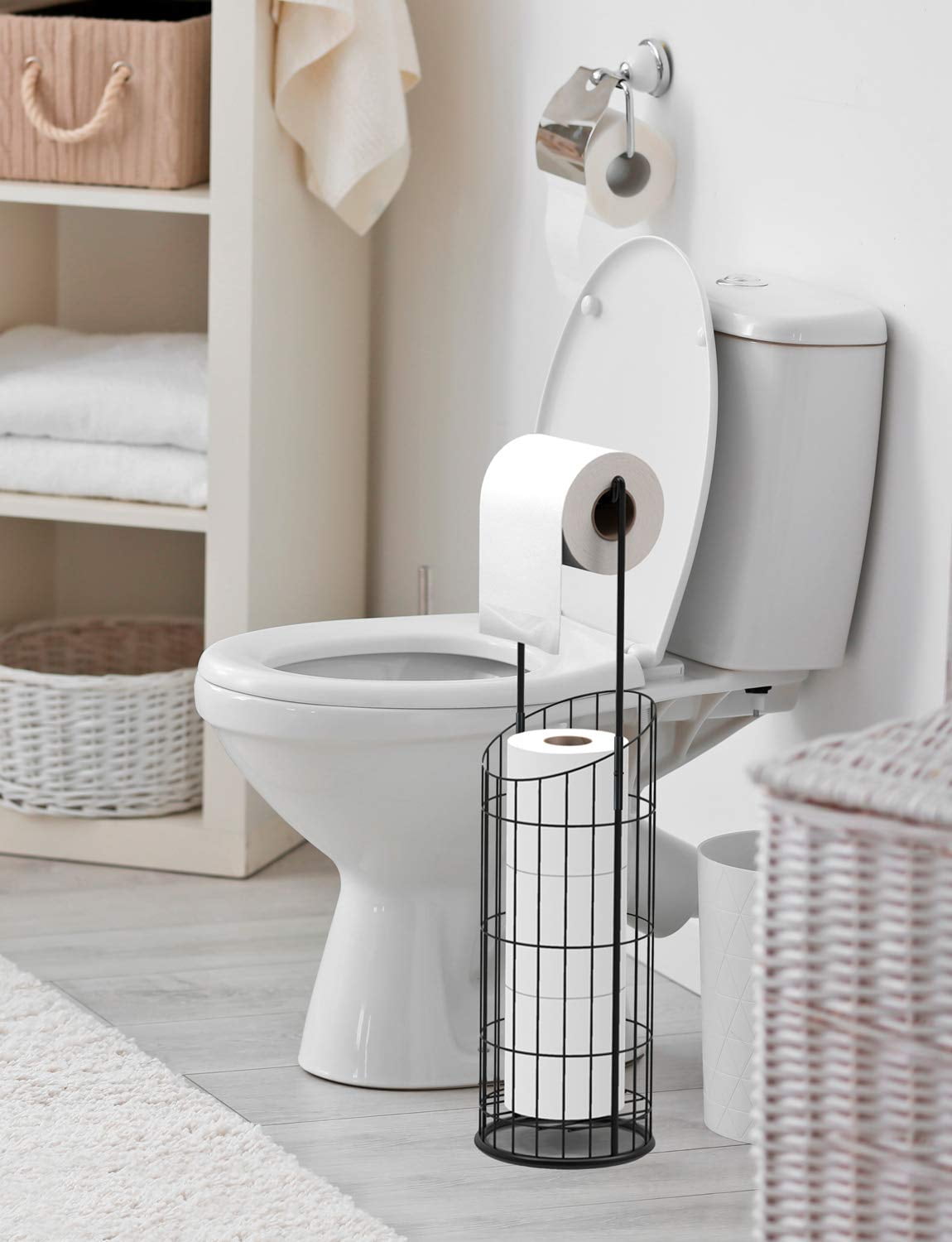 SunCleanse Freestanding Toilet Paper Holder with Storage for 4 Rolls, No Installation Needed, Matte Black Bathroom Organizer