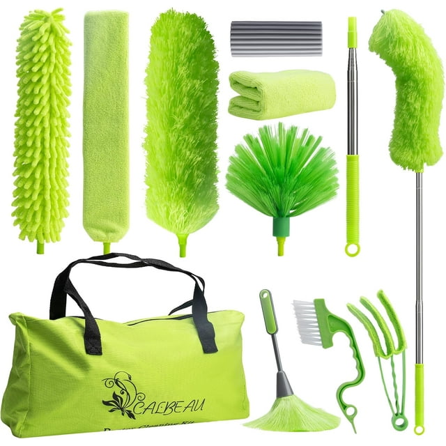 CALBEAU Microfiber Feather Duster Set with 100-inch Extension Pole Dusters for Cleaning High Ceiling Fan, Cars, Furniture, 11PCS Cleaning Tools Kit t-Green