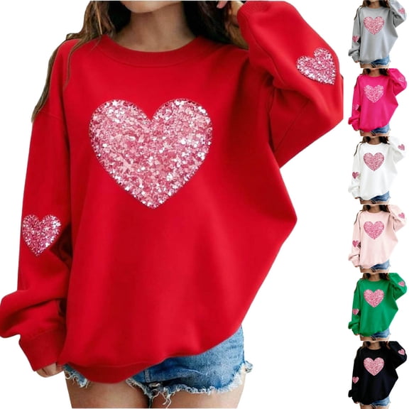 Eltusu Girls Valentines Sweatshirts, Long Sleeve Heart Graphic Casual Crew Neck Pullover Tee Tops Red Size 1-13T