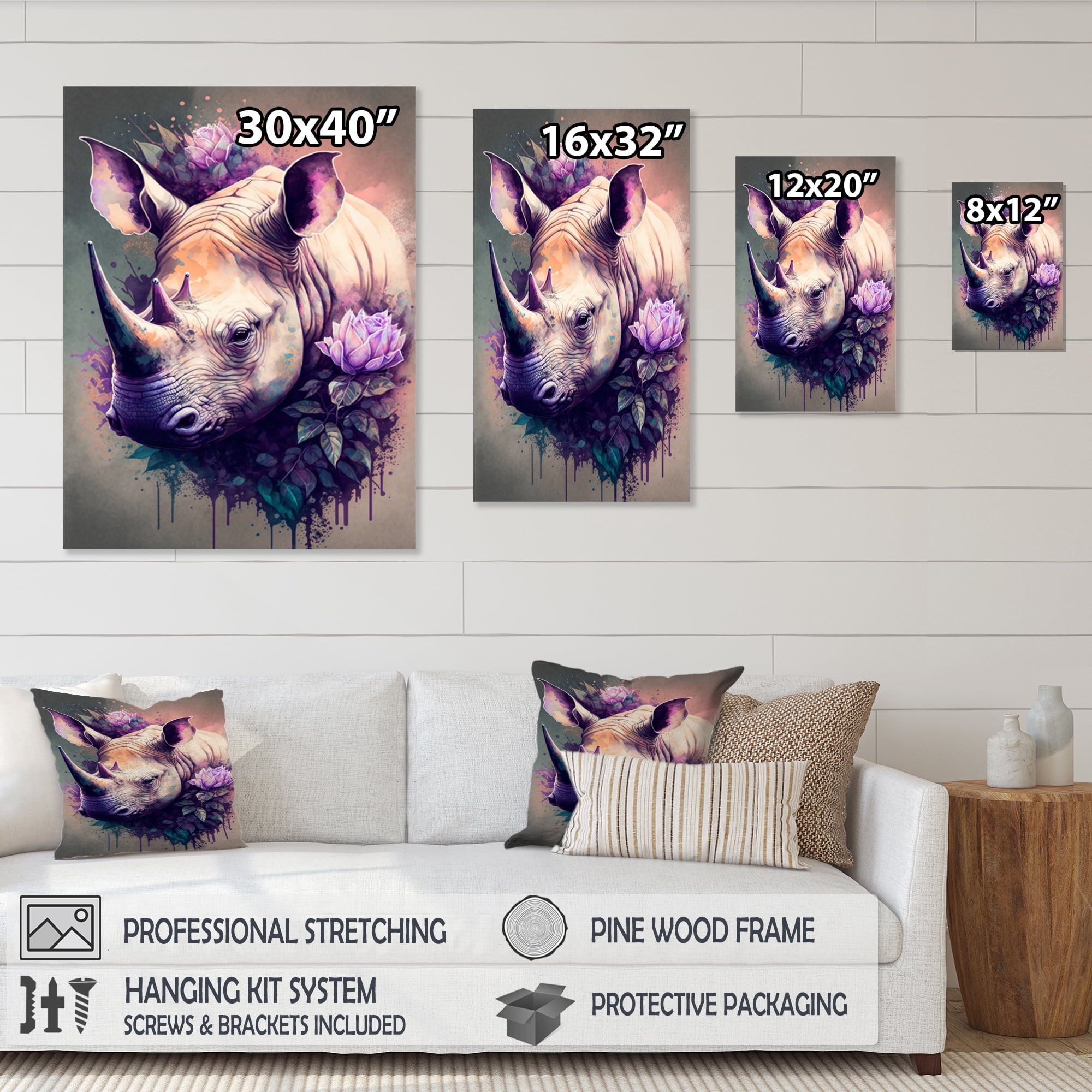 Designart Cute Rhino Floral Art II Canvas Wall Art