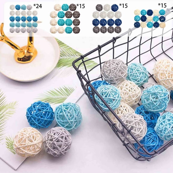 Blue Wicker Decorative Balls 15/24 Pack 2 Inch Vase Filler Orbs for Centerpieces, Natural Rattan Sphere Set, Coffee Table Bowl, Wedding Party Decor, Rustic Home Accent
