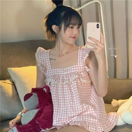 

CoCopeaunt Women Pajamas Kawaii Plaid Pajamas Lace Sleepwear 2 Piece Set Women Summer Suit Pijama Cute Home Clothes Pyjamas Loungwear