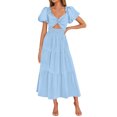 thumbnail image 1 of Mgmyaa Robe d'Été Bohème à Manches Bouffantes Ligne A Décontractée Longue Robe Smockée Col en V Peplum, 1 of 8