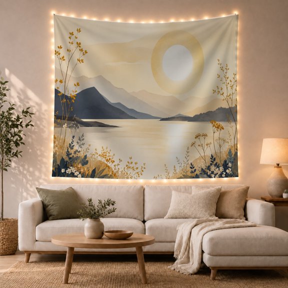 Mountain Lake With Wildflowers Under a Pale Sun, Peaceful Rustic Style for Nature Lovers, Landscape Wall Art, Housewarming Gift, Tapestry Wall Hanging for Bedroom and Living Room