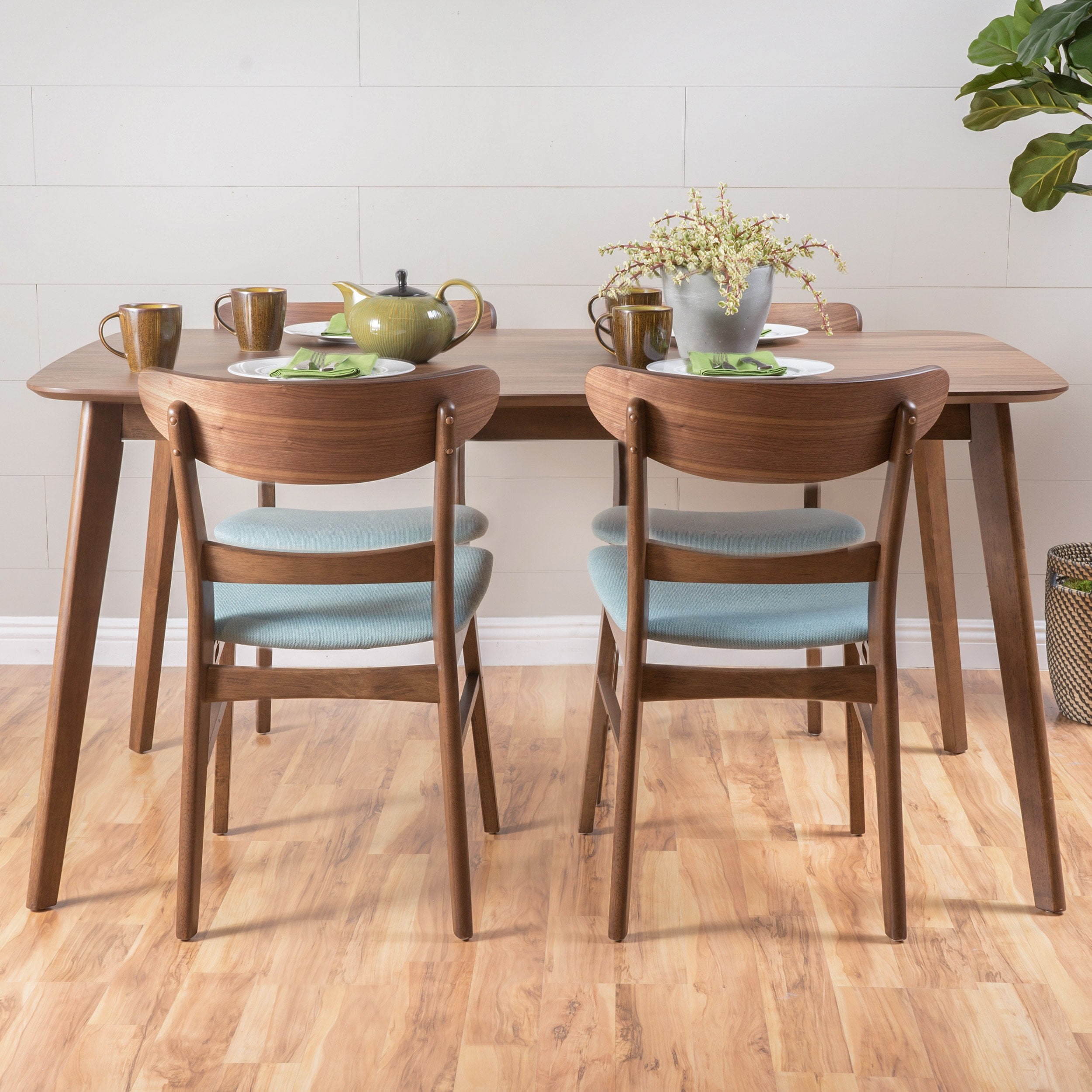 Noble House Lydia Mid-Century Modern 5 Piece Dining Set, Mint and Natural Walnut