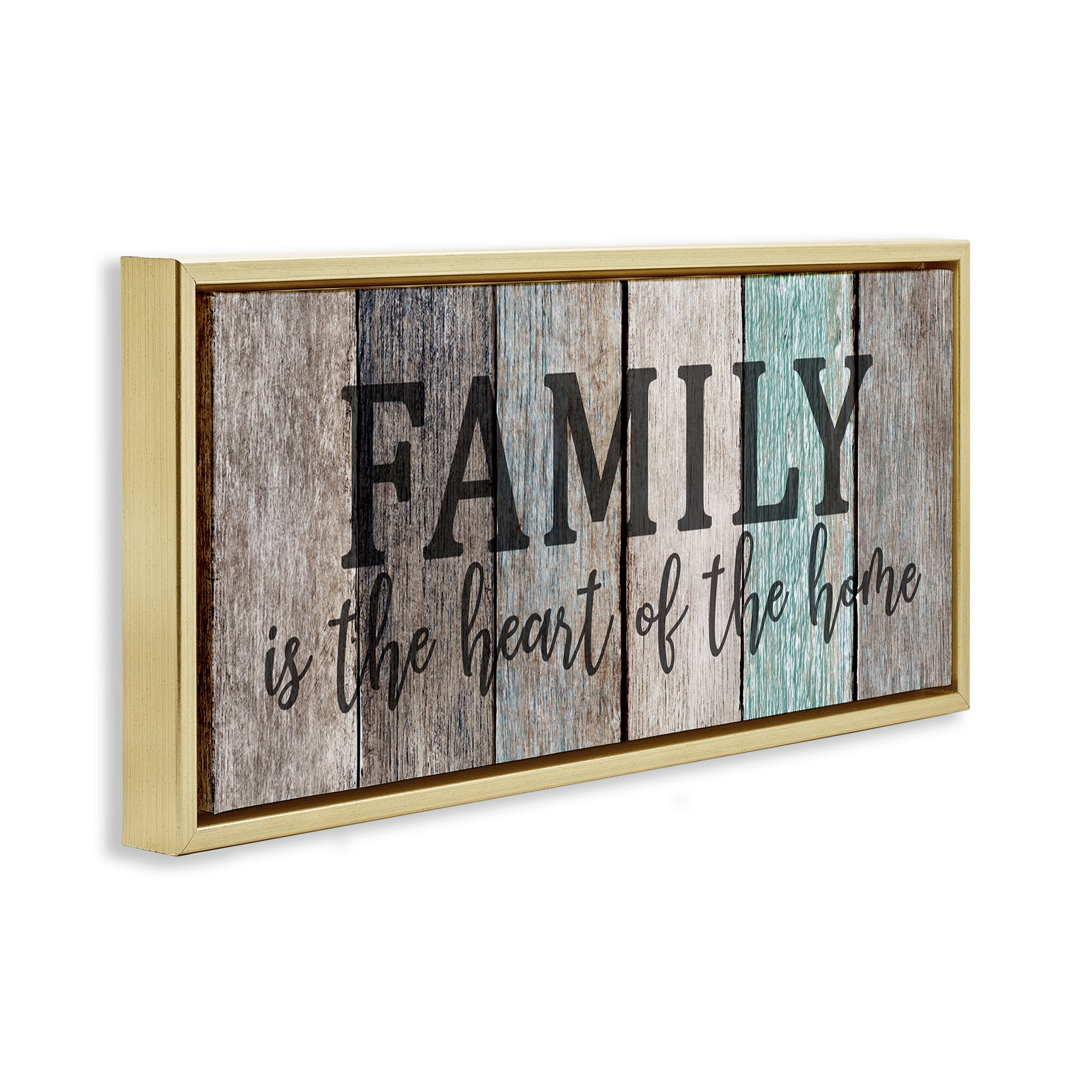 Stupell Industries Family is Heart of Home Quote Inspirational Painting Gold Floater Framed Canvas Art Print Wall Art, 25 x 11