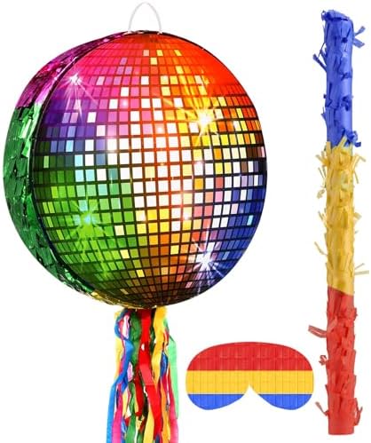 Piñata 12.6 x 12.6 x 3 Inch Disco Party Game Set Ball Piñata Silver Foil 80s 90s Decoration with Stick Mask for Retro Theme Birthday Wedding Party Supplies (Multicolor,Rainbow Ball)