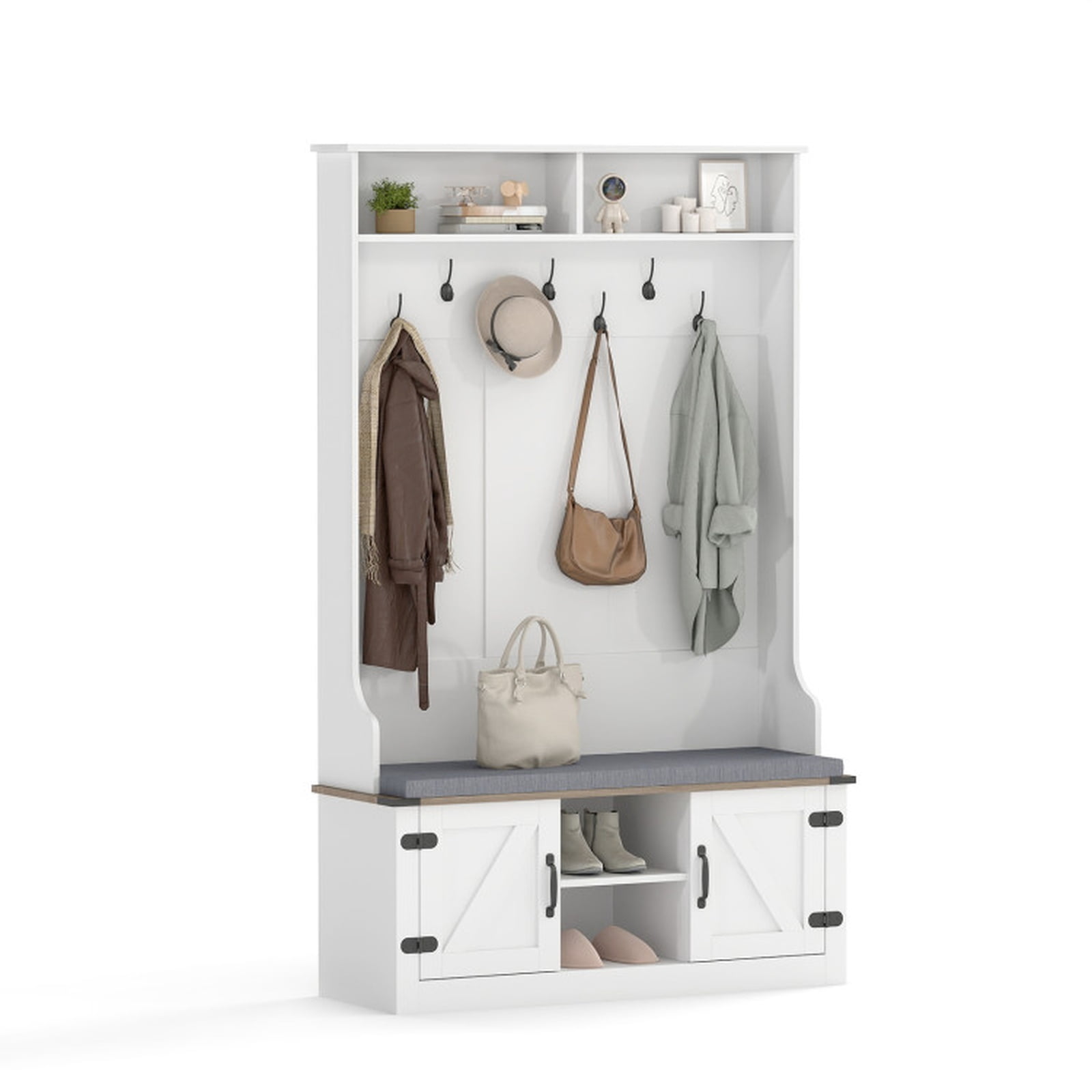 Furnibear 4-in-1 68.5 Inch Freestanding Hall Tree Coat and Hat Rack with 7 Metal Hooks Cushioned Storage Bench and Shoe Cabinet for Entryway, White