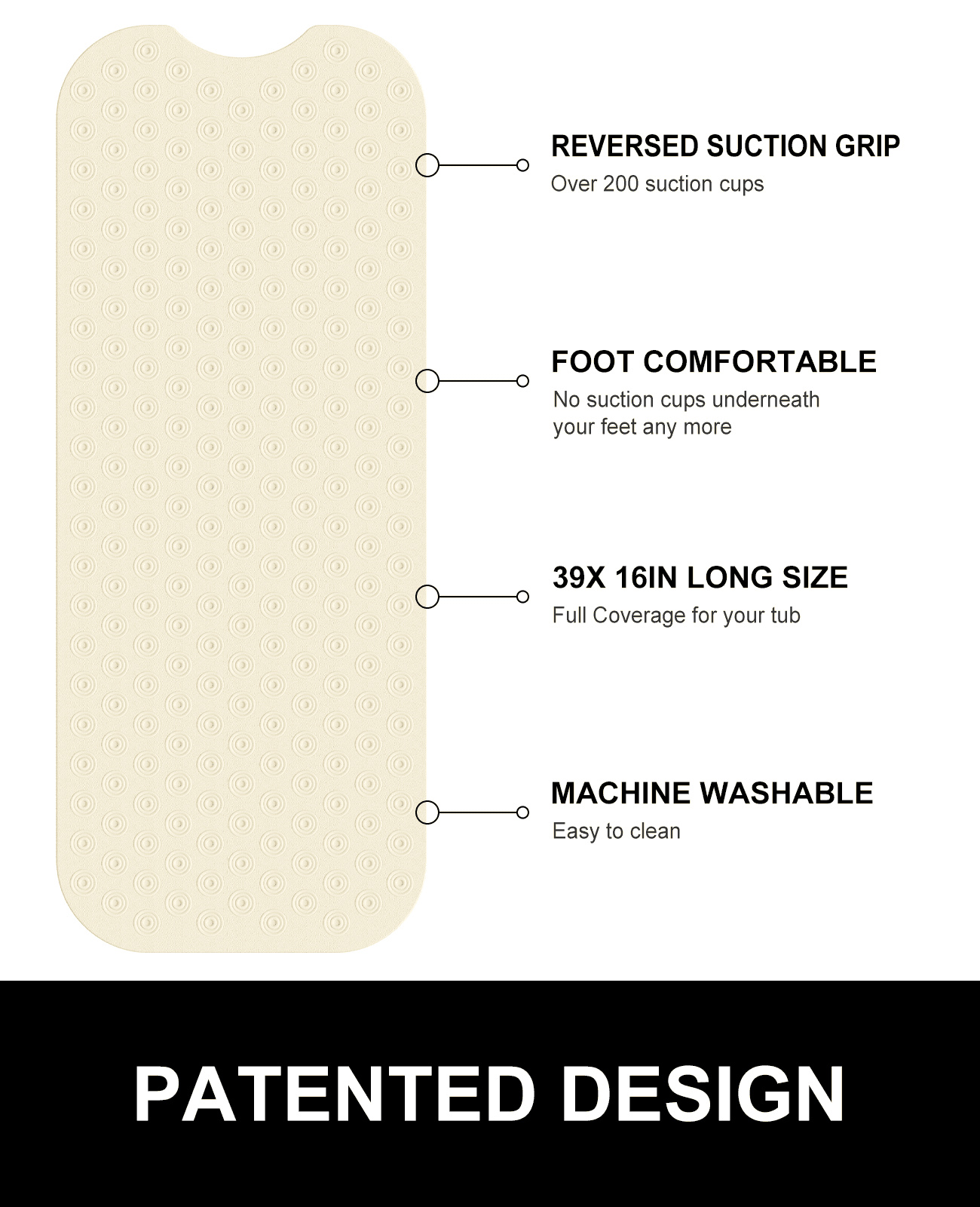 OTHWAY No Suction Cup Bath Mat: 39x16inch Extra Long Bathmat, Machine Washable, Made of Nature Rubber, Protect Your Bathtub (Beige)
