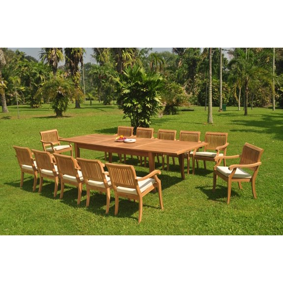 Grade-A Teak Dining Set: 12 Seater 13 Pc: 122" Atnas Double Extension Rectangle Table And 12 Arbor Stacking Arm Chairs Patio WholesaleTeak #WMDSWVm