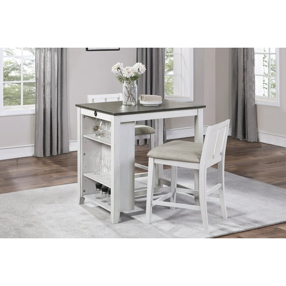 CoSoTower Transitional Design White and Gray Finish 3-Piece Pack Counter Height Set Table W Display Shelf USB Ports and 2X Counter Height Chairs Fabric Upholstered Dining Furniture