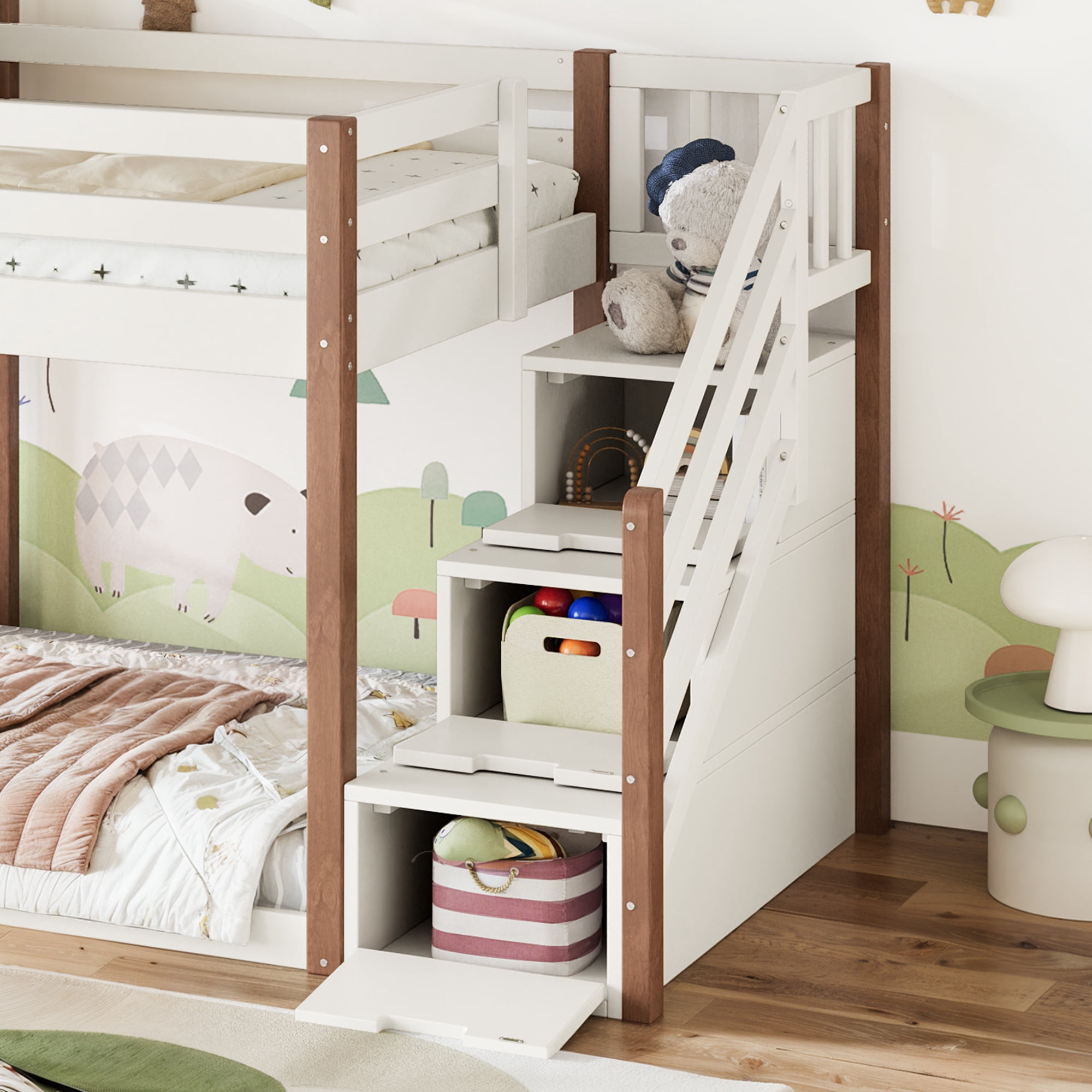 Leumius Twin over Twin House Bunk Bed with Storage Stairs, Kids Playhouse Bunk Bed with Roof and Windows, Solid Wood Bed Frame with Multifunctional Lower Space, Beige & Natural