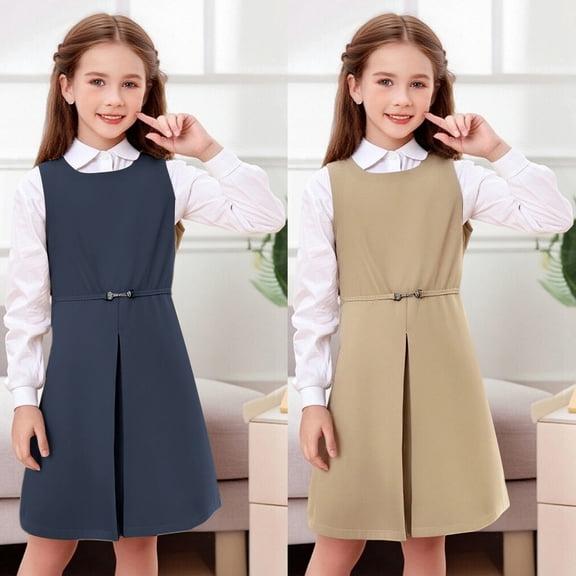 RTKFRFLM Girls School Uniform Jumper Dress Kids Preppy Style Sleeveless A-Line Gown Children's Navy and Khaki Campus Fashion Skirt for Spring and Fall Formal Schoolwear for Girls