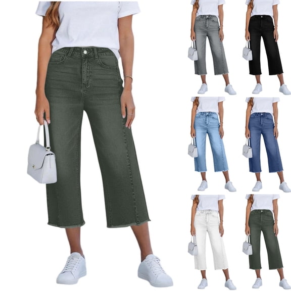 Qingpeng Womens Cropped Denim Wide Leg Jeans High Waisted Button Fly Capris with Back Pockets Summer Fashion Style