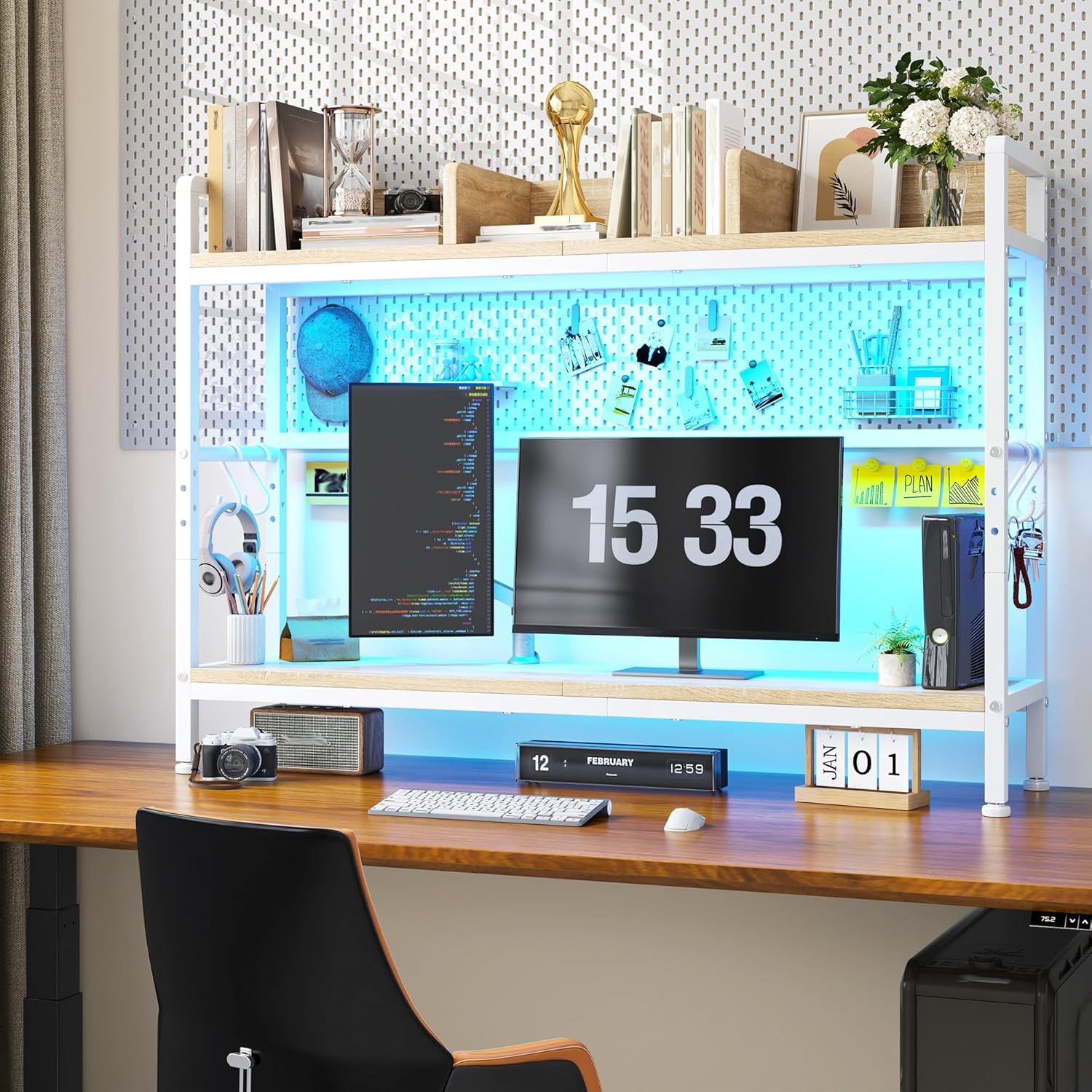 ZYPPP 45.2" Desk Shelf，2-Tier Adjustable Multipurpose Solid Wood Desktop Hutch Shelf，Countertop Storage Organizer Rack with 3 Desktop Display Rack for Dorm,Office Home,White