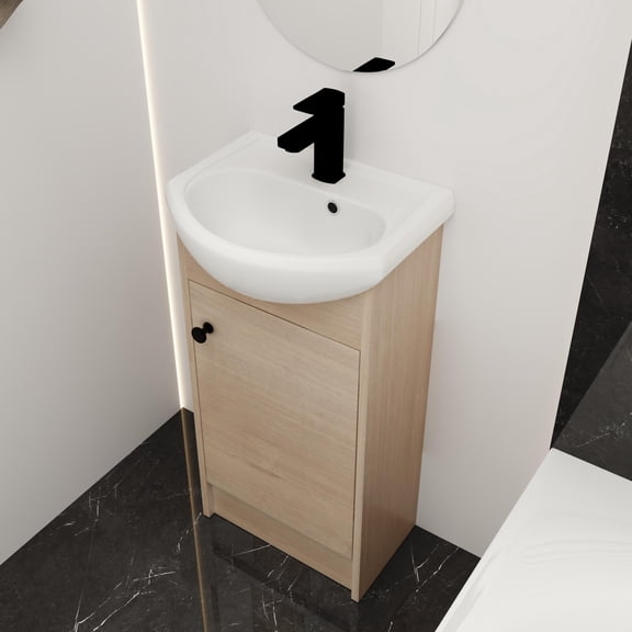 Tcbosik Freestanding 18" Small Bathroom Vanity with Ceramic Sink - Light Oak