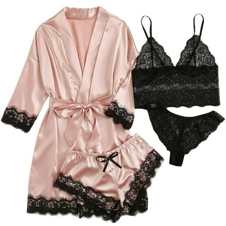 Gustave Women Silk Satin Pajama Set 4Pcs Sexy Lingerie Floral Lace Trim Cami Long Sleeve Robe with Shorts Sleepwear Nightgown Nightwear  Pink  XL