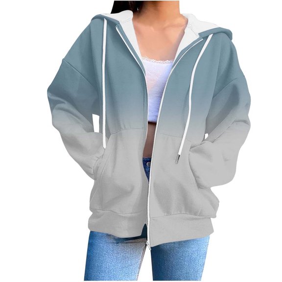 Women's Casual Jackets New Gradient Casual Hoodies for Women Oversized Full Zip Sweatshirts Fall Trendy Loose Outerwear Hooded Jackets Navy M