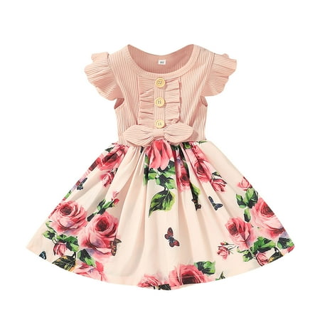 

Mlqidk Toddler Baby Girls Summer Dresses Ruffled Sleeveless Stitching Floral Dress Kids Girls Beach Sundress Summer Clothes 4-5T
