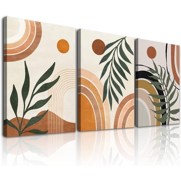 Boho Canvas Wall Art Set of 3, Framed Minimalist Wall Art, Geometric Sun Moon Tropical Plant Valley Nature Abstract Illustrations Decor For Bedroom Living Room Bathroom-12''x16''x3 Natural