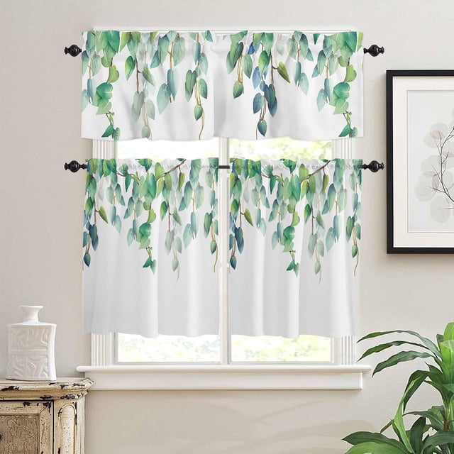 Botanical Prints Kitchen Curtains Valances for Windows, Plants Branch Short Curtains & Drapes, 3 PCS Blackout Curtains Rod Pocket Kitchen Curtains and Valances Set Tier Curtains for Bathroom