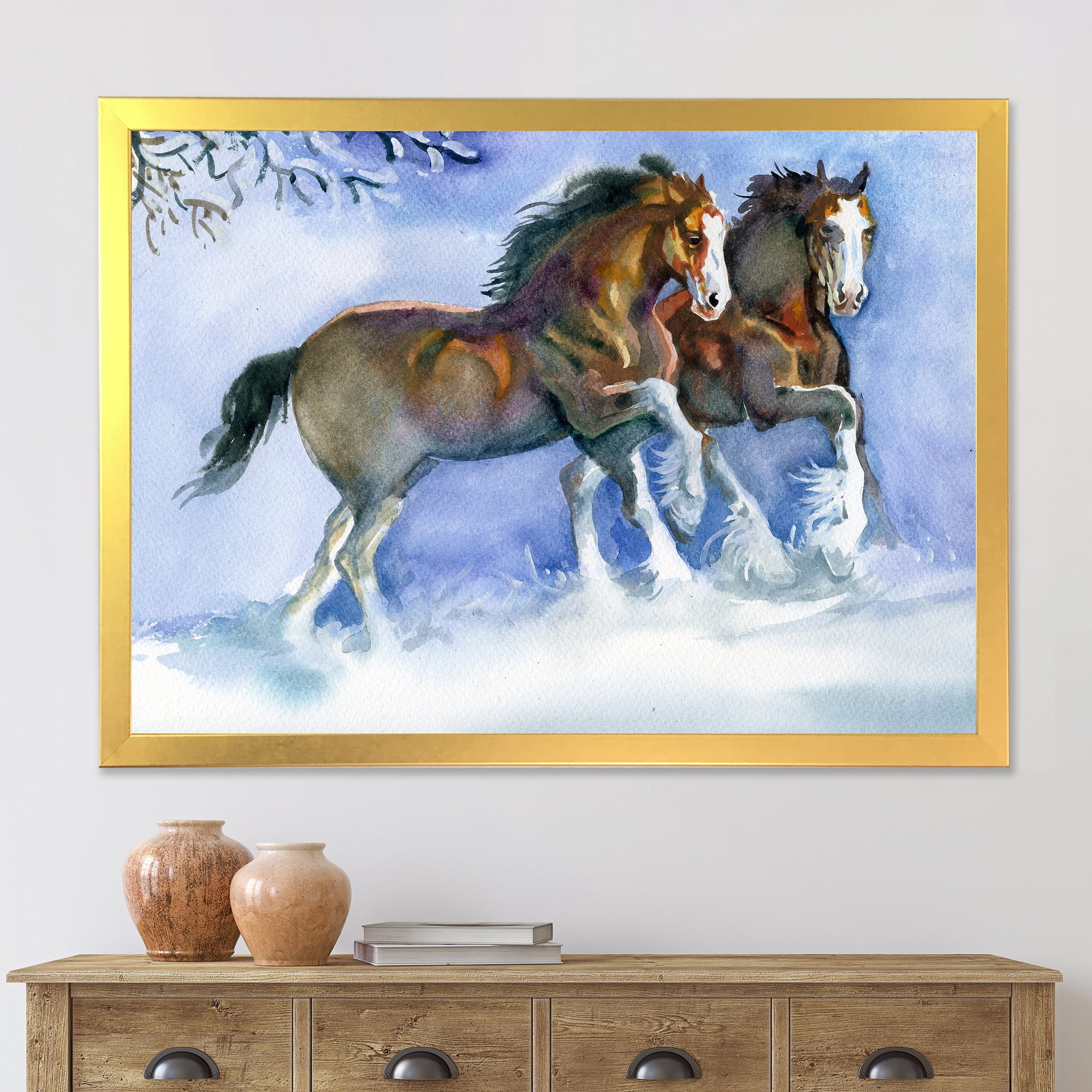 Designart 'Horses Running In Winter On Blue' Farmhouse Framed Art Print