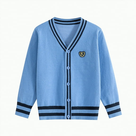 HCNTES Kids Girls Cable Knit Cardigan Sweater Solid Cotton Button Down Long Sleeve Sweater Uniform Cardigan Outerwear(5-7 Years,Style2-Blue)
