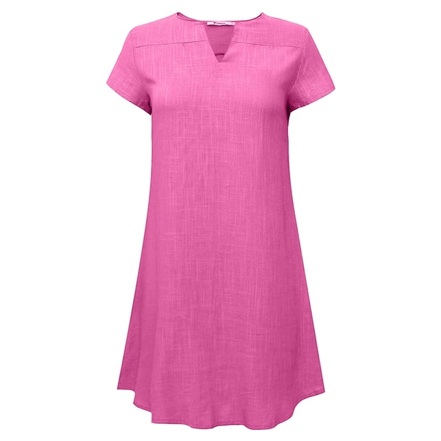 Admvng Robes d'Été pour Femmes Col en V Couleur Unie Manches Courtes Robe en Coton et Lin P-5TG