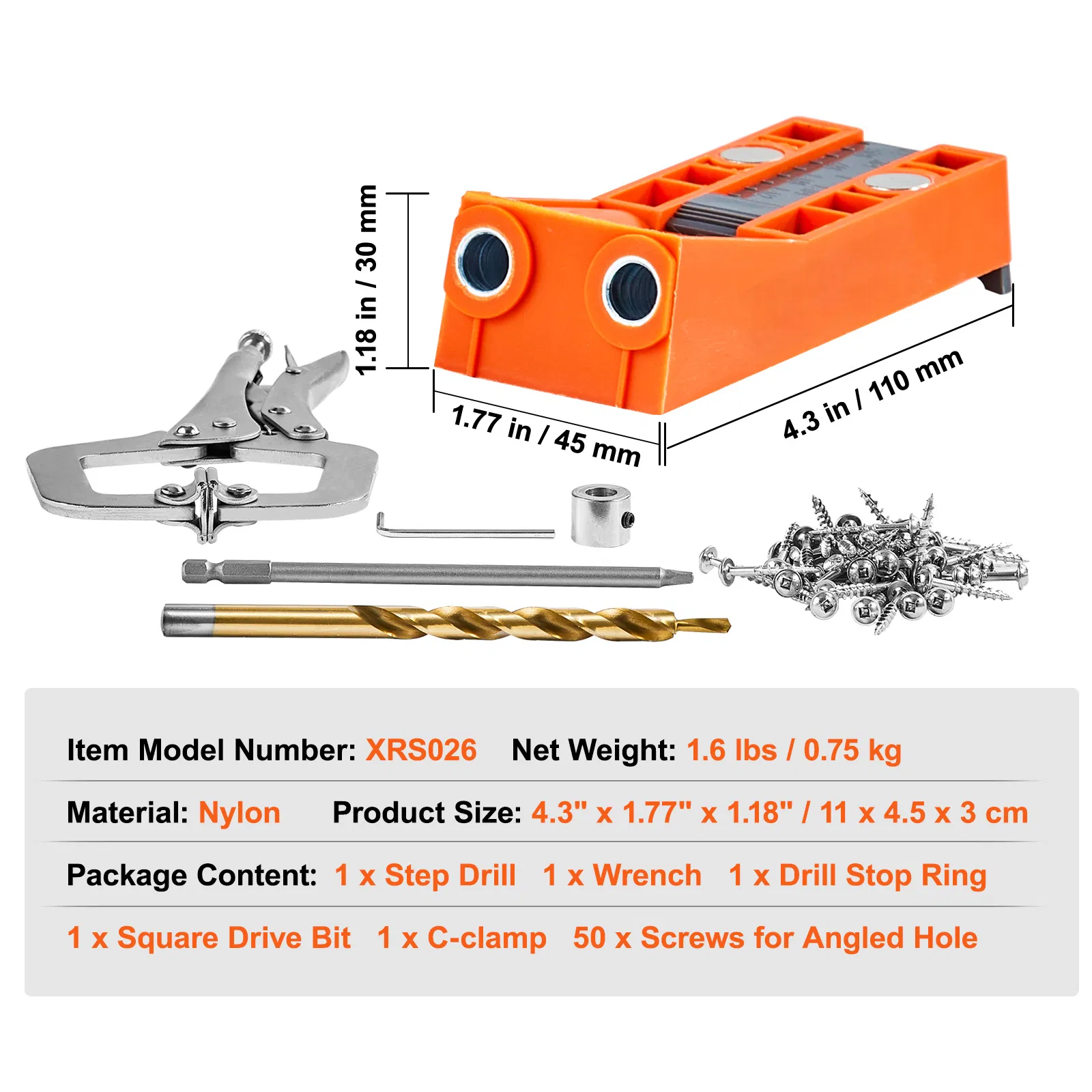 56-Piece Pocket Hole Jig Set with 9" C-Clamp,Step Drill,Wrench,Square Drive Bit,Drill Stop Ring,Screws-Ideal for DIY Carpentry Projects