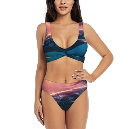 Zeuib Sunshine Ocean Whale High Waisted Tummy Control Bikini Set - Knot Front Push Up Top & Cheeky Thong Bottom  Two-Piece Swimsuit for Women-Large