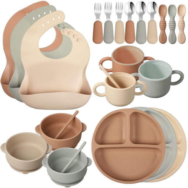 24 Pack Silicone Baby Feeding Set Baby LED Weaning Supplies Includes Suction Divided Plates Soft Bowl Spoons Forks Adjustable Bib Snack Cup and Straws(Walnut Color, Beig