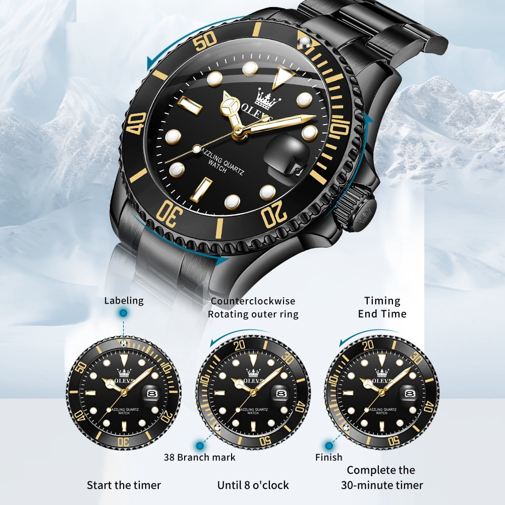 OLEVS Watches for Men Business Dress Luxury Casual Analog Quartz Stainless Steel Waterproof Luminous Date Men Wrist Watches reloj para hombre Black Dial