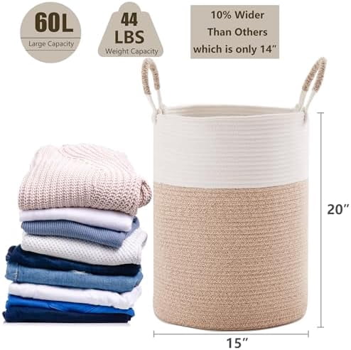 60L Hamper Laundry Basket Tall Woven Clothes Hamper for Baby Girls Nursery Kids Cotton Rope Blanket Basket in Living Room Bathroom Bedroom Brown 15Dx20H inches Large