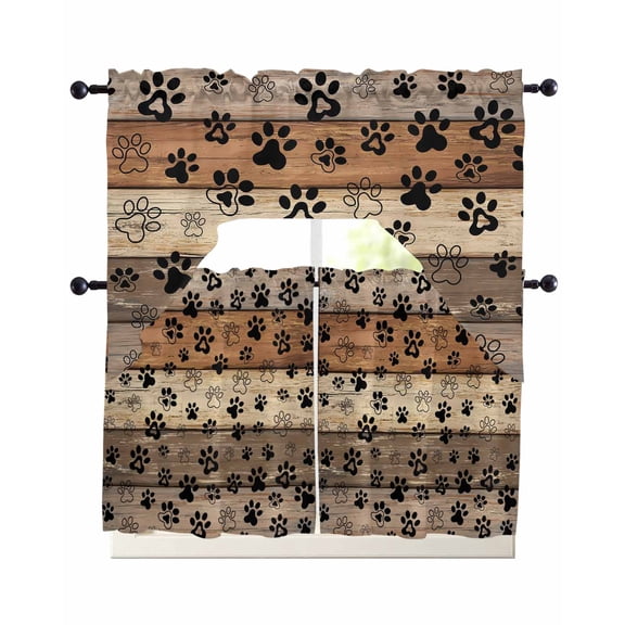 Brown Beige Swag Curtains for Living Room/Bedroom Windows, Rustic Farmhouse Dog Paw Vintage Kitchen Curtains and Valances Set 36 Inch Length, Light Filtering Swags Valance Curtain Panels